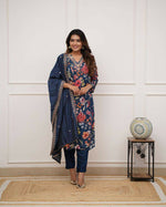 Thumbnail for The52 Blue Women's Gorgeous Printed Pure Russian Silk Fabric Straight Kurta Pant with Dupatta Set - Distacart
