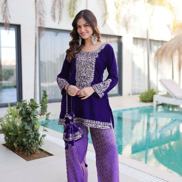Joban Fashion Purple Kurta Set Velvet Sequins , Zari, Coding & Thread Embroidered work - Distacart