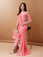 Thumbnail for Angrakha Style Floral Printed A-Line Kurta With Pant & Dupatta, Pink - Hiral Fashion - Distacart