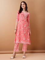 Thumbnail for Angrakha Style Floral Printed A-Line Kurta With Pant & Dupatta, Pink - Hiral Fashion - Distacart