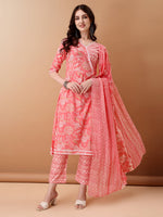Thumbnail for Angrakha Style Floral Printed A-Line Kurta With Pant & Dupatta, Pink - Hiral Fashion - Distacart