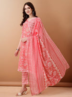 Thumbnail for Angrakha Style Floral Printed A-Line Kurta With Pant & Dupatta, Pink - Hiral Fashion - Distacart