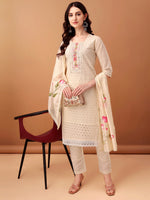 Thumbnail for Schiffli & Embroidered Kurta With Pant & Dupatta, Cream - Hiral Fashion - Distacart