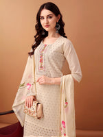 Thumbnail for Schiffli & Embroidered Kurta With Pant & Dupatta, Cream - Hiral Fashion - Distacart
