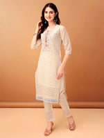 Thumbnail for Schiffli & Embroidered Kurta With Pant & Dupatta, Cream - Hiral Fashion - Distacart