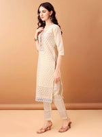 Thumbnail for Schiffli & Embroidered Kurta With Pant & Dupatta, Cream - Hiral Fashion - Distacart