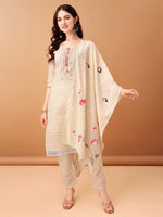 Thumbnail for Schiffli & Embroidered Kurta With Pant & Dupatta, Cream - Hiral Fashion - Distacart