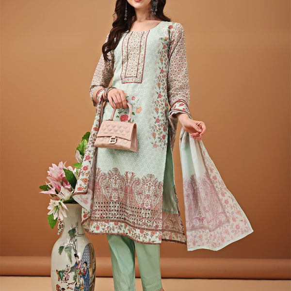 Hand Embroidered,Schiffli & Printed Kurta With Pant & Printed Dupatta, Green - Hiral Fashion - Distacart