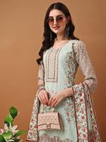 Thumbnail for Hand Embroidered,Schiffli & Printed Kurta With Pant & Printed Dupatta, Green - Hiral Fashion - Distacart