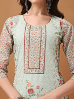 Thumbnail for Hand Embroidered,Schiffli & Printed Kurta With Pant & Printed Dupatta, Green - Hiral Fashion - Distacart