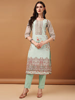 Thumbnail for Hand Embroidered,Schiffli & Printed Kurta With Pant & Printed Dupatta, Green - Hiral Fashion - Distacart