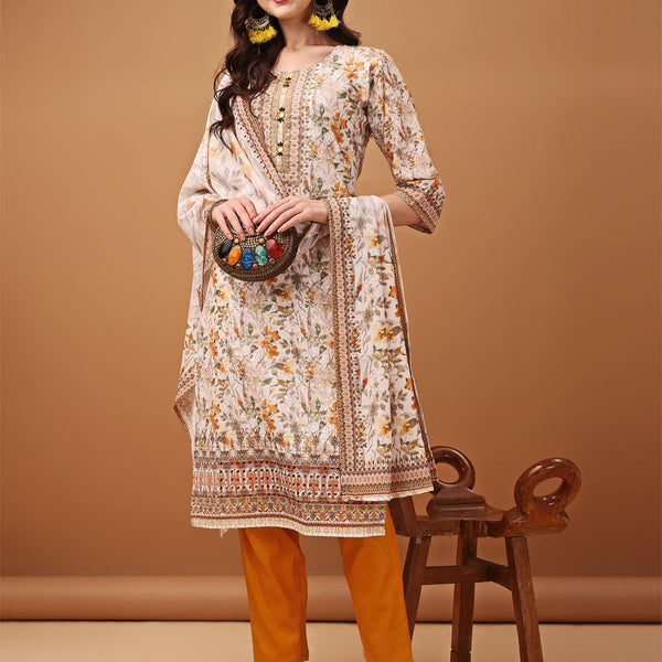 Hand Embroidered,Schiffli & Printed Kurta With Pant & Printed Dupatta, Yellow - Hiral Fashion - Distacart