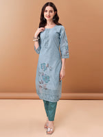 Thumbnail for Hand Embroidered,Schiffli & Printed Kurta With Pant & Printed Dupatta, Blue - Hiral Fashion - Distacart