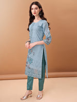 Thumbnail for Hand Embroidered,Schiffli & Printed Kurta With Pant & Printed Dupatta, Blue - Hiral Fashion - Distacart