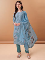 Thumbnail for Hand Embroidered,Schiffli & Printed Kurta With Pant & Printed Dupatta, Blue - Hiral Fashion - Distacart