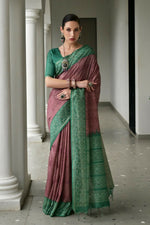 Thumbnail for Vishnu Weaves Women's Green Soft Tussar Silk Printed Saree with Blouse