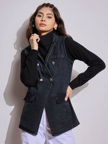 Buy Lyush Women Black Denim Flap Pocket Sleeveless Jacket