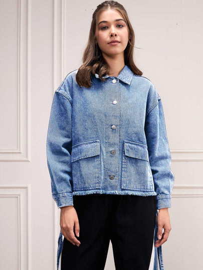 Buy Lyush Women Blue Washed Denim Front Pocket Jacket Online At