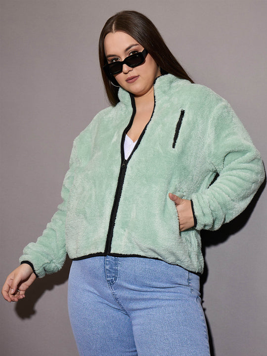 Buy Lyush Women Green Faux Fur Contrast Piping Zipper Jacket