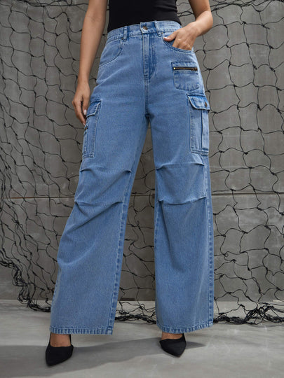 Buy Lyush Women Blue Denim Pleated Knee Cargo Jeans Online