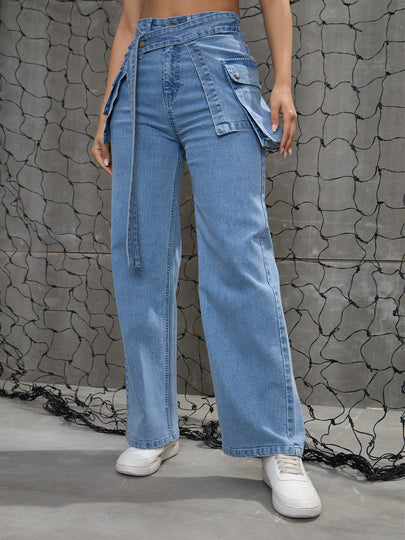 【SATIIIZ】Loin incision string denim pants Buy Lyush Women Blue Denim Belted Streight Fit Jeans Online