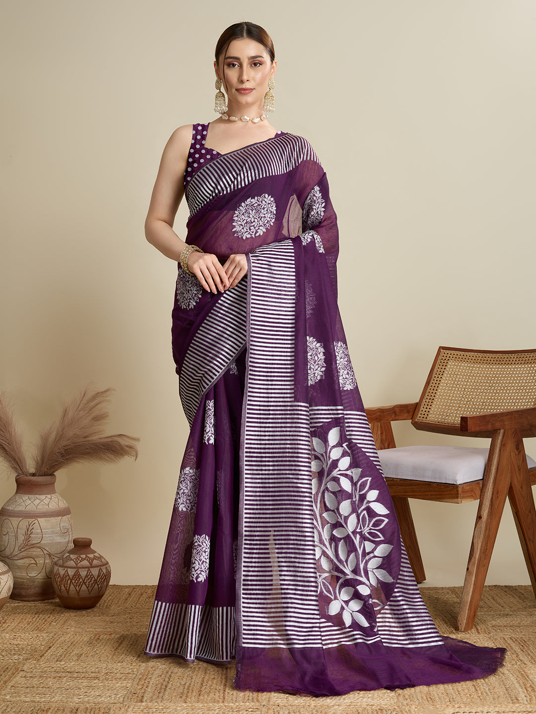 Dwija Fashion Deep Purple Casual Wear Soft Silk Bas Weaving Saree With Unstitched Blouse - Dista