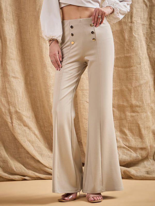 Beige High Rise Flared Pants Online Shopping | OXXOSHOP