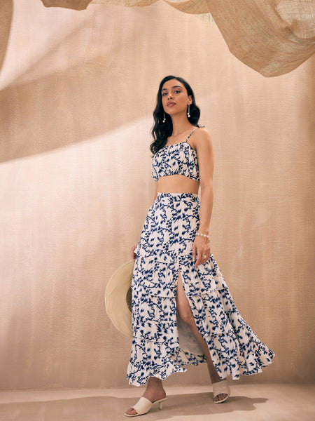 Lyush Women Navy Ikat Print Strappy Crop Top With Slit Skirt