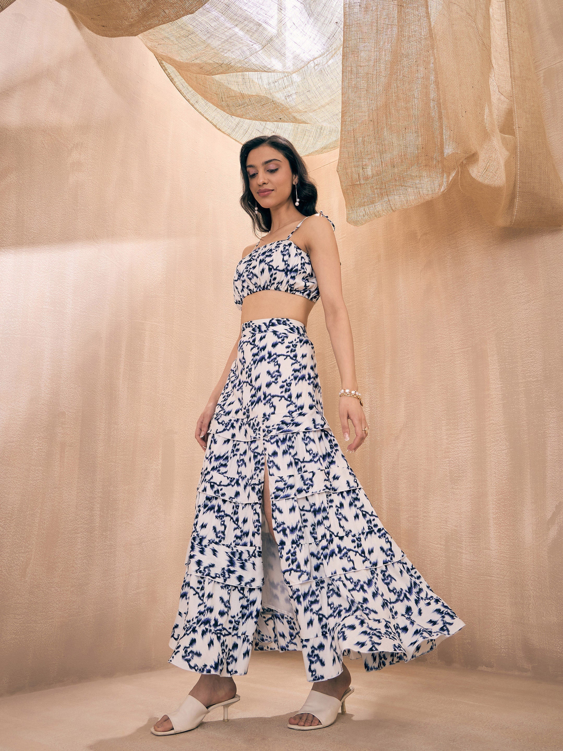 Lyush Women Navy Ikat Print Strappy Crop Top With Slit Skirt