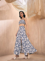 Thumbnail for Lyush Women Navy Ikat Print Strappy Crop Top With Slit Skirt