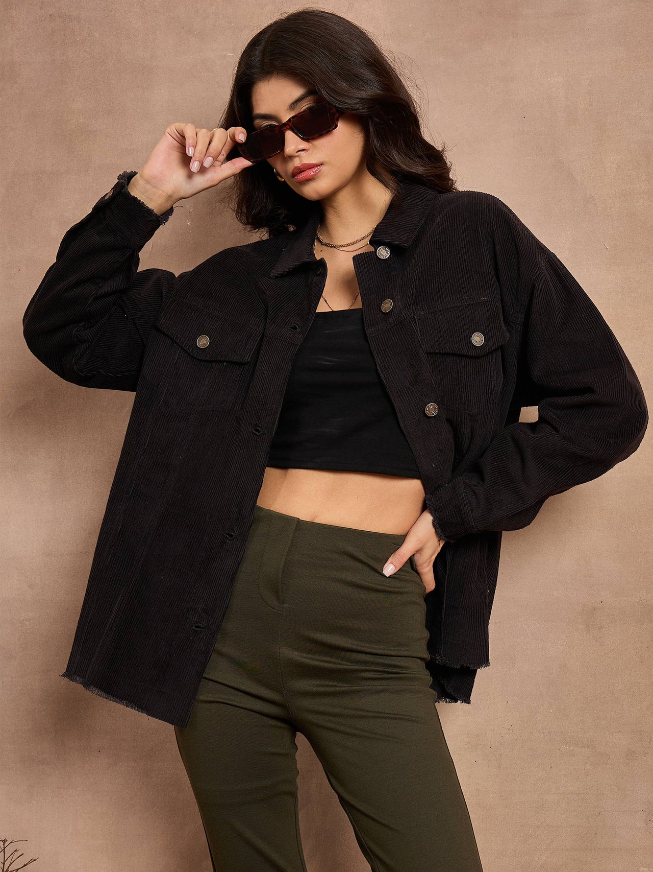 Lyush Women Black Corduroy Oversize Shacket