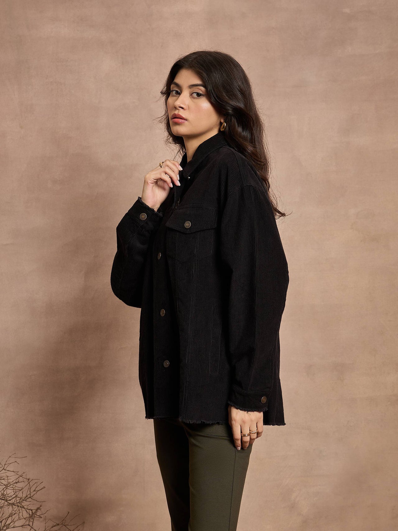 Lyush Women Black Corduroy Oversize Shacket