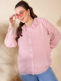 Thumbnail for Lyush Women Pink Ditsy Floral Frill Neck Shirt