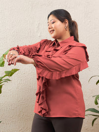 Thumbnail for Lyush Women Rust Solid Front Button Ruffle Shirt