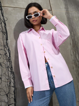 Lyush Women Pink & White Stripes Gold Buttons Oversized Shirt