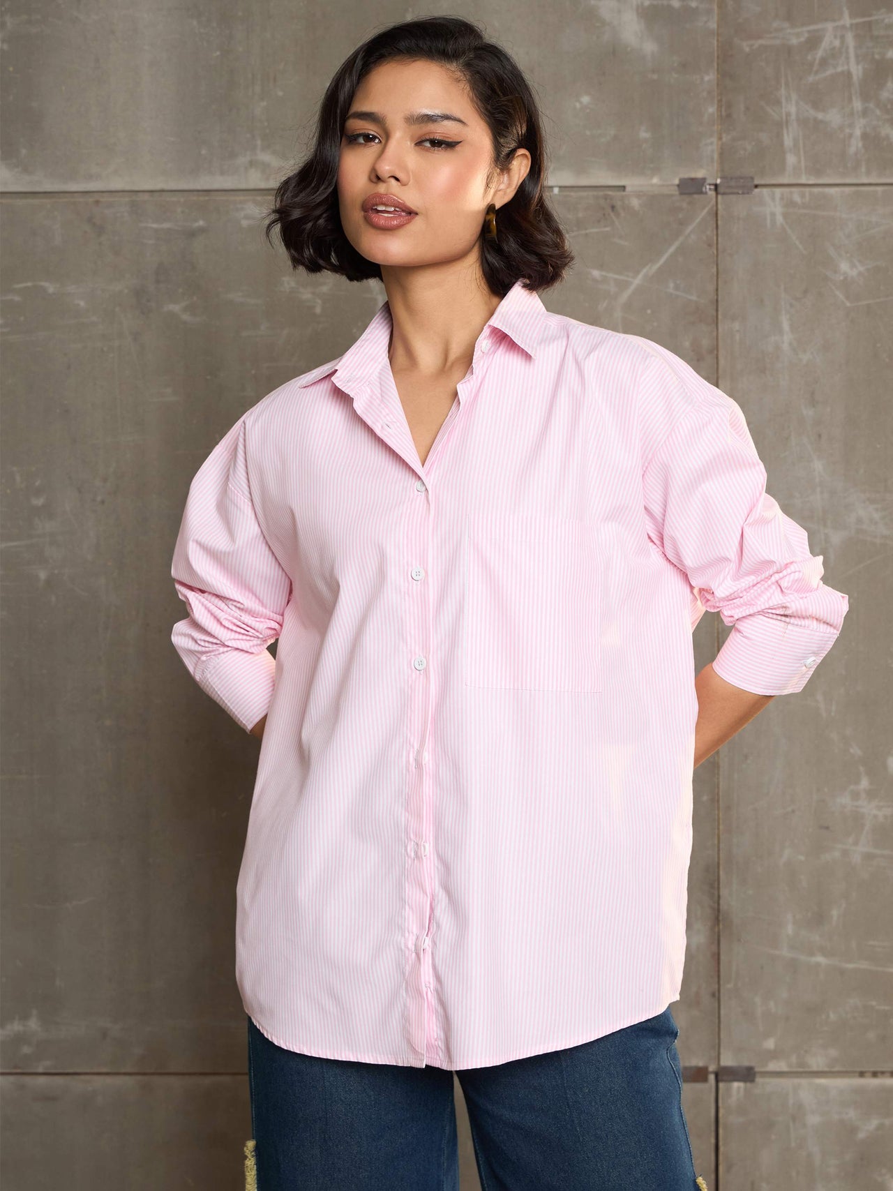 Lyush Women Pink & White Striped Oversized Shirt