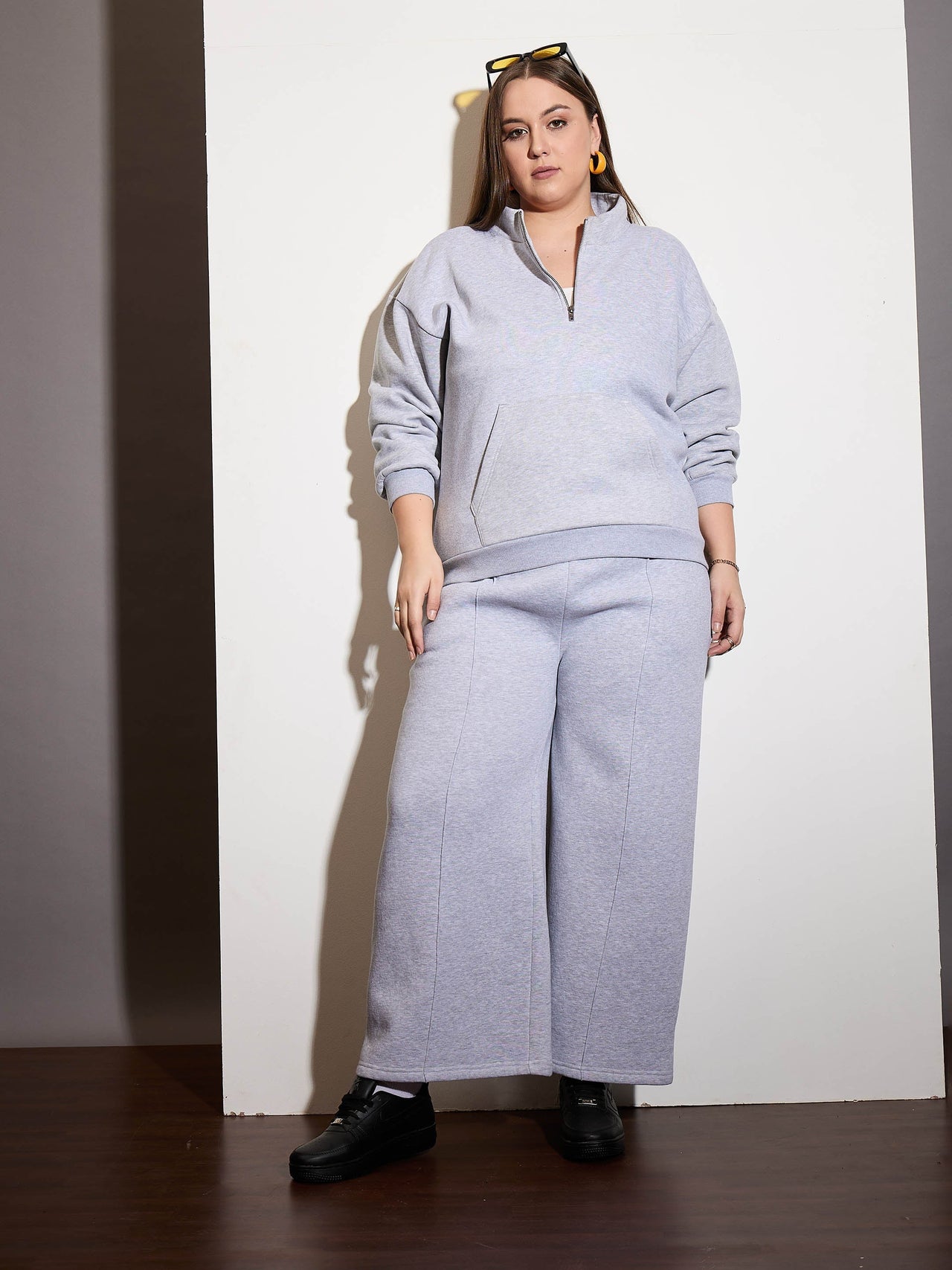 Lyush Women Grey Melange Half Zipper Sweatshirt