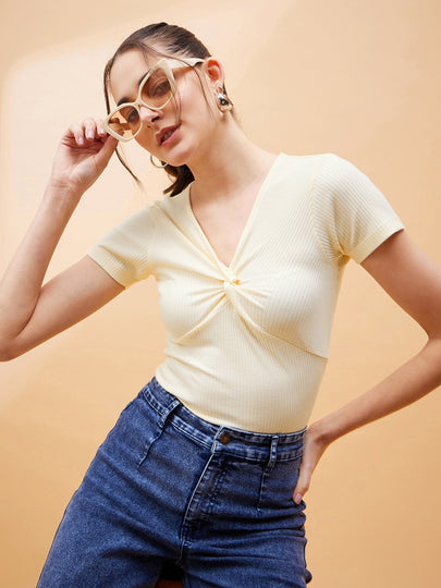 Buy Lyush Women Off-White Rib Twisted Neck Top Online At Low