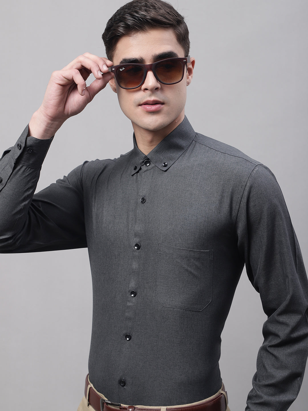 Jainish Men's Charcoal Cotton Solid Formal Shirt - Distacart
