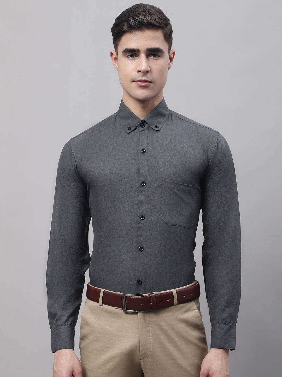 Jainish Men's Charcoal Cotton Solid Formal Shirt - Distacart