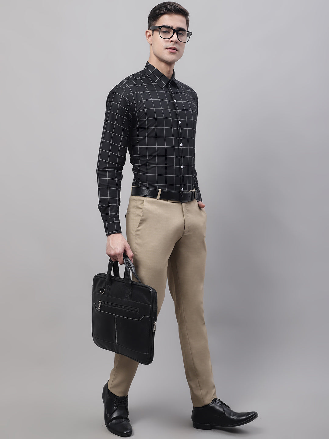 Jainish Men's Black Cotton Checked Formal Shirt - Distacart