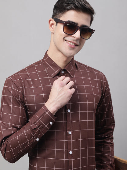 Jainish Men's Brown Cotton Checked Formal Shirt - Distacart