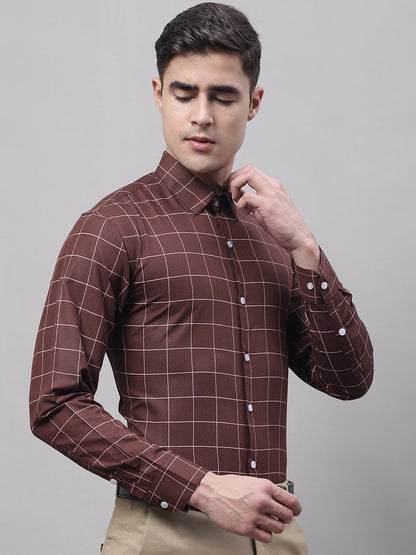 Jainish Men's Brown Cotton Checked Formal Shirt - Distacart