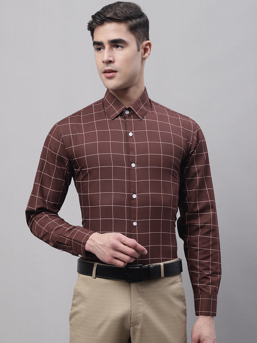 Jainish Men's Brown Cotton Checked Formal Shirt - Distacart