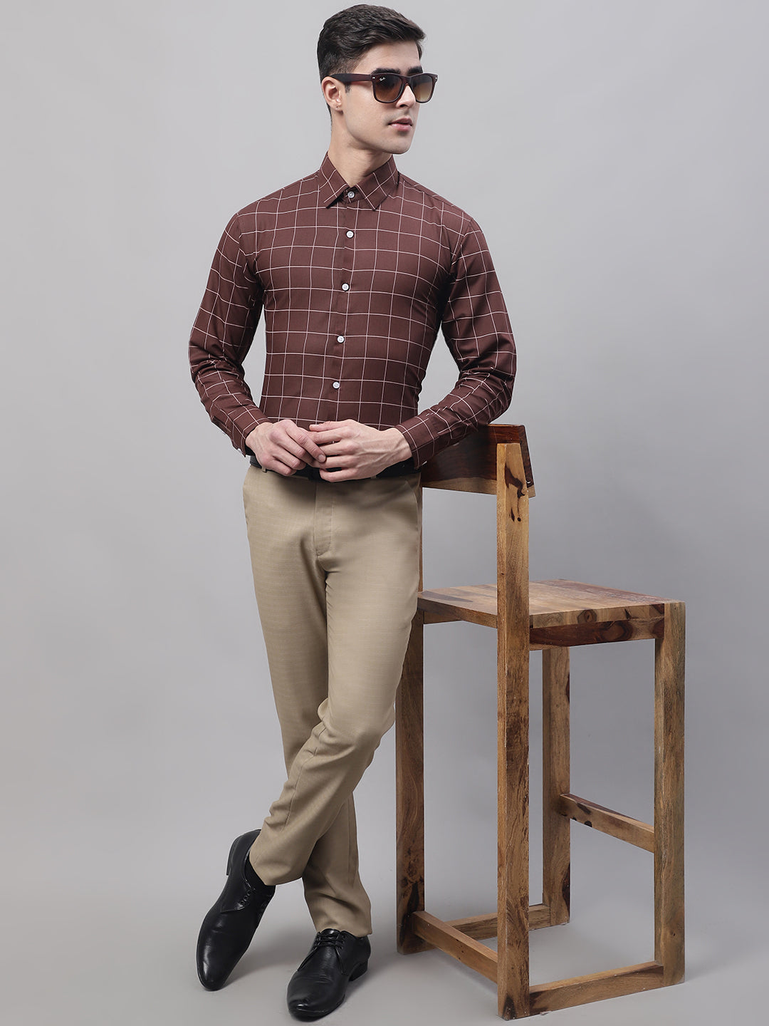 Jainish Men's Brown Cotton Checked Formal Shirt - Distacart