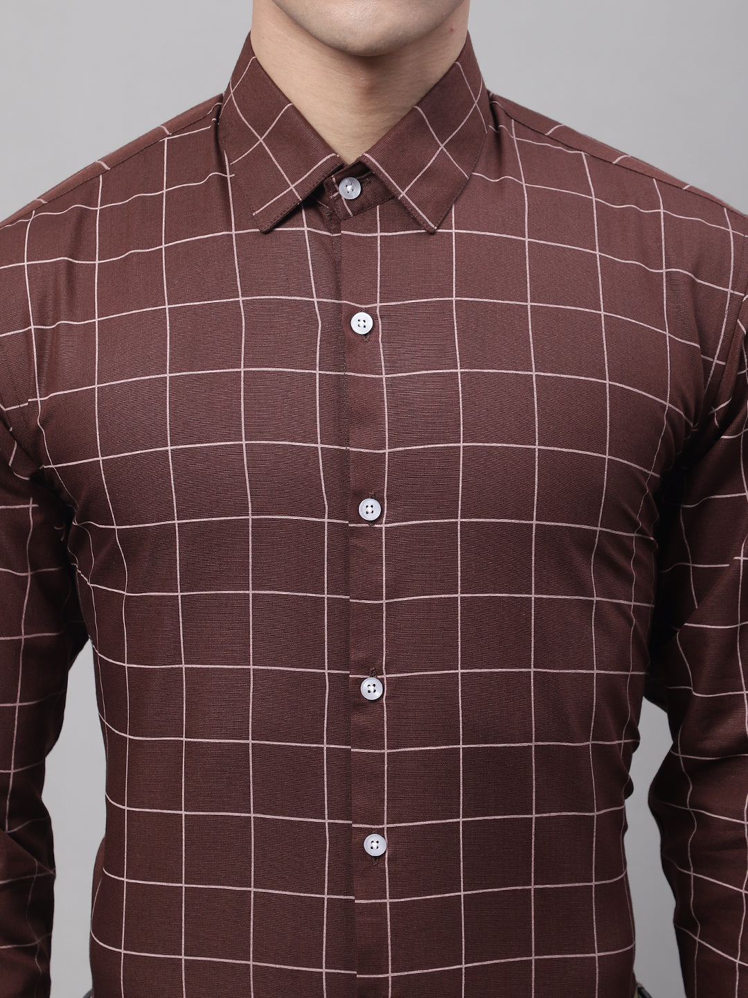 Jainish Men's Brown Cotton Checked Formal Shirt - Distacart