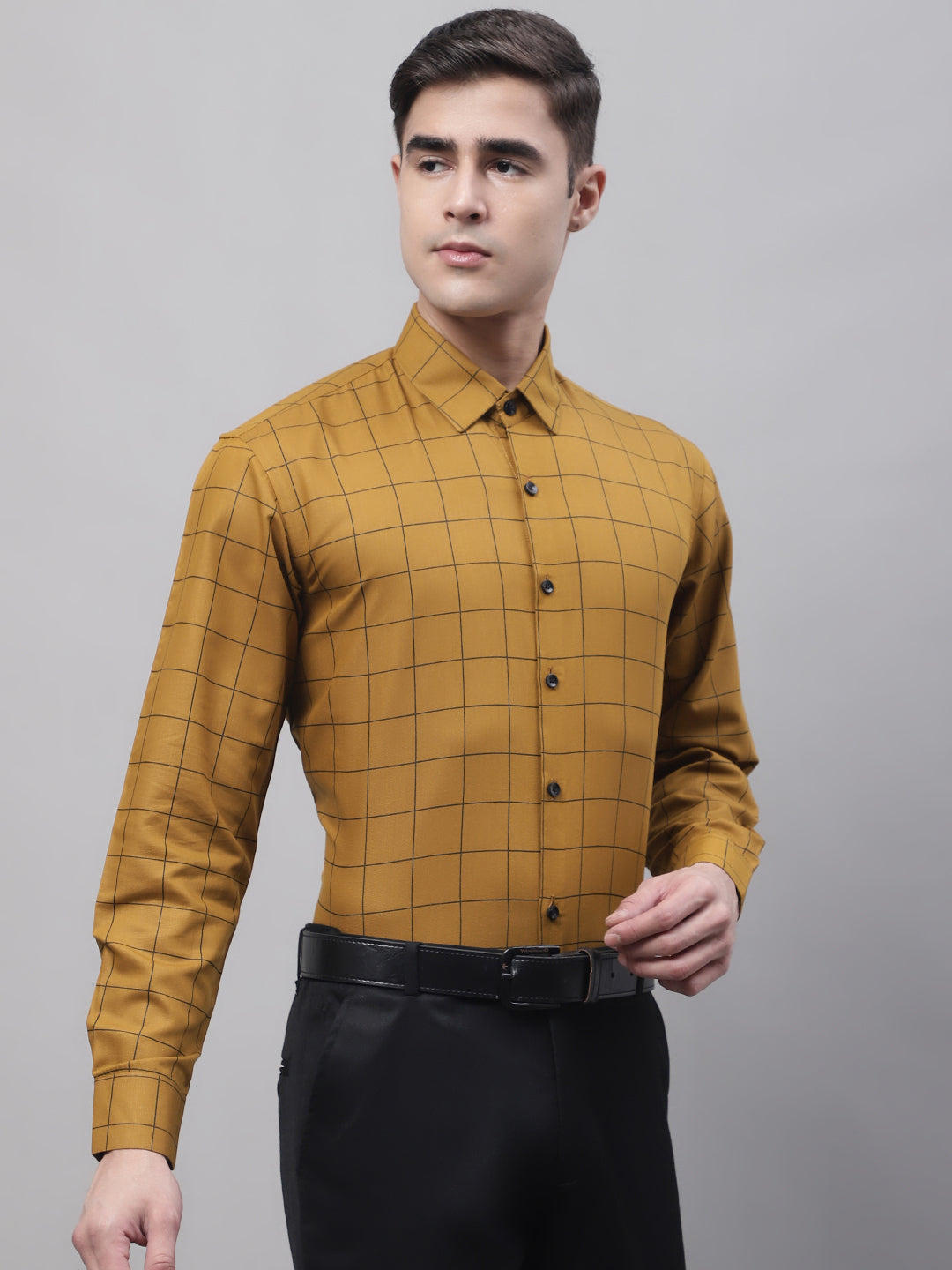 Jainish Men's Mustard Cotton Checked Formal Shirt - Distacart
