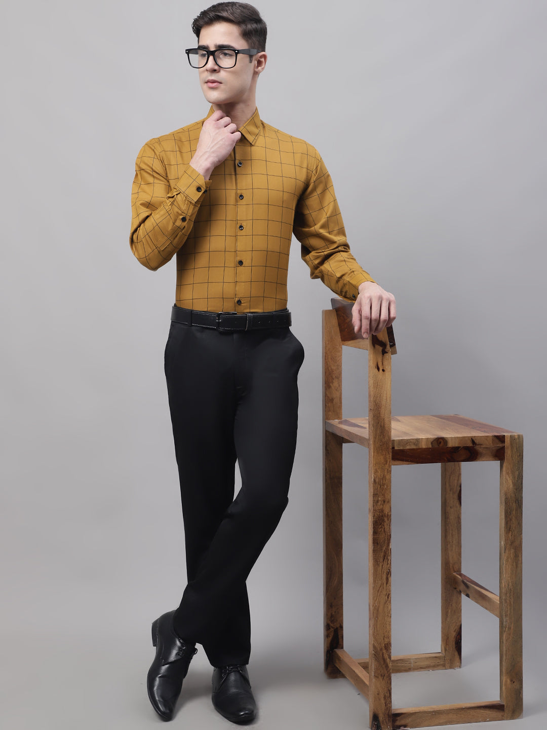 Jainish Men's Mustard Cotton Checked Formal Shirt - Distacart