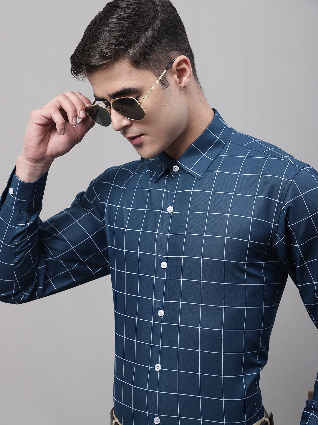 Jainish Men's Teal Blue Cotton Checked Formal Shirt - Distacart