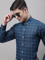 Thumbnail for Jainish Men's Teal Blue Cotton Checked Formal Shirt - Distacart